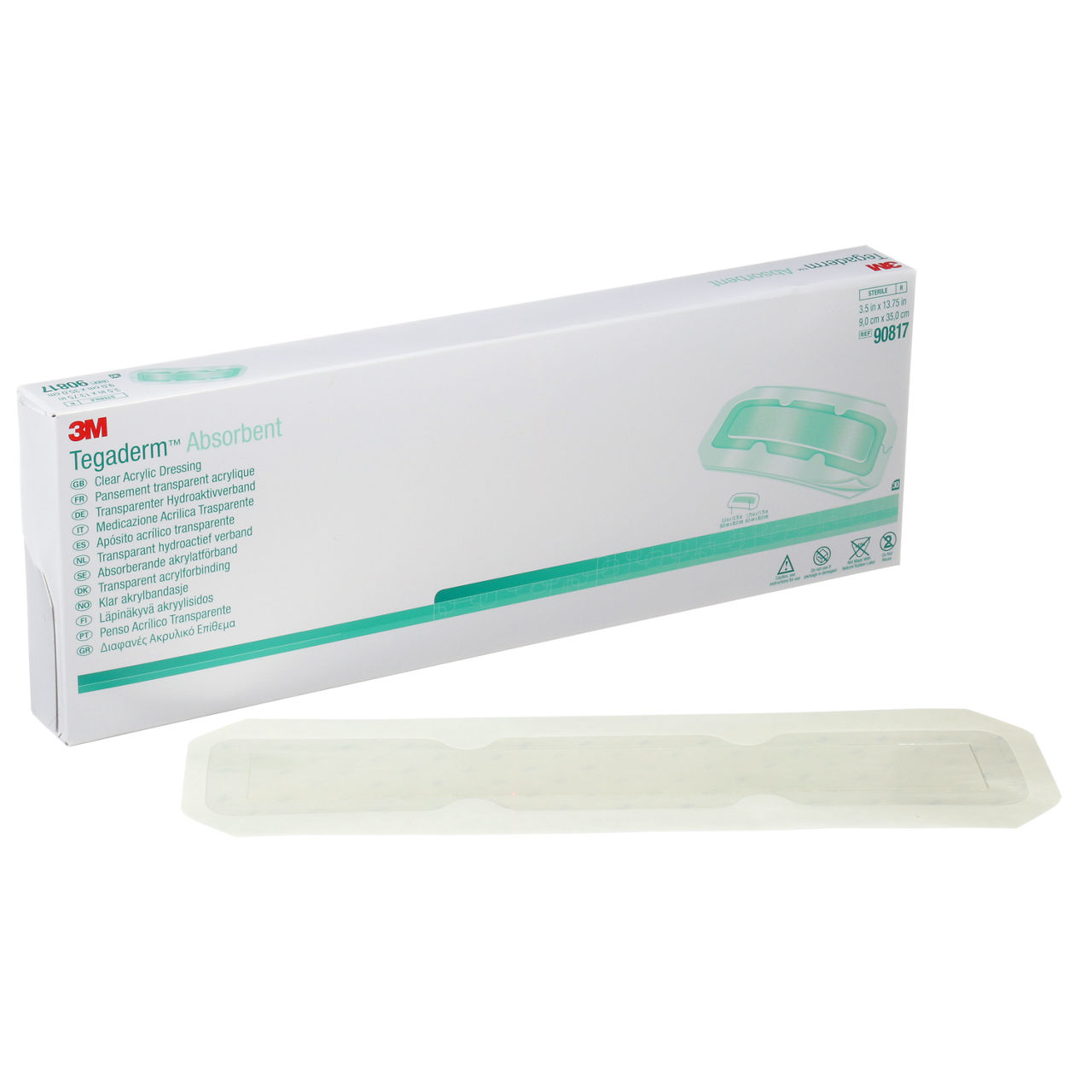 3M™ Tegaderm™ Absorbent Clear Acrylic Dressing, 90817, Rectangle, 3-1/2 in x 13-3/4 in (9 cm x 35 cm), 30/CAR, 4 CAR/CS