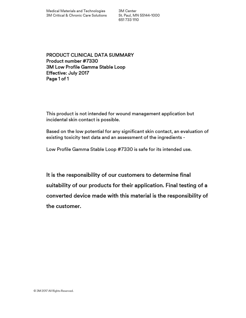 3M™ Low Profile Gamma Stable Loop 7330, Clinical Summary
