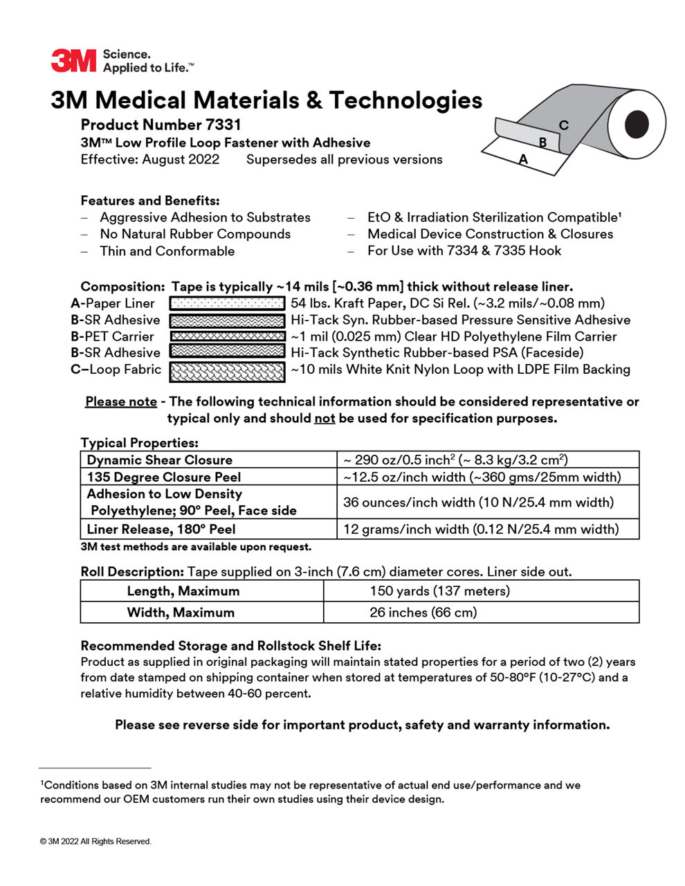 3M™ 7331 Low Profile Loop Fastener with Adhesive, TIS Aug22