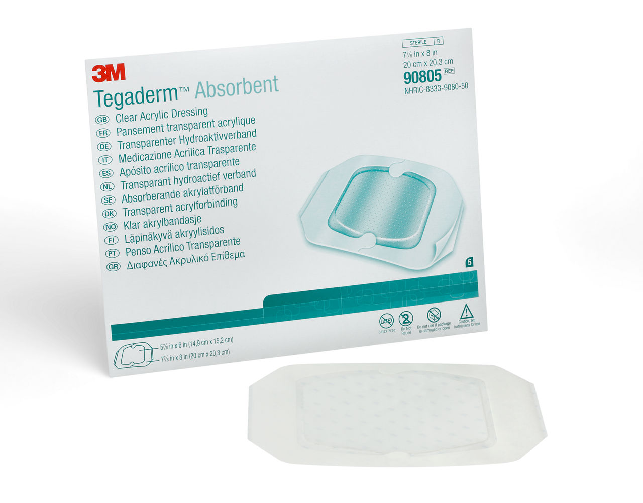 3M™ Tegaderm™ Absorbent Clear Acrylic Dressing, 90805, Square, 7-7/8 in x 8 in (20 cm x 20.3 cm), 10/ct 4ct/Case