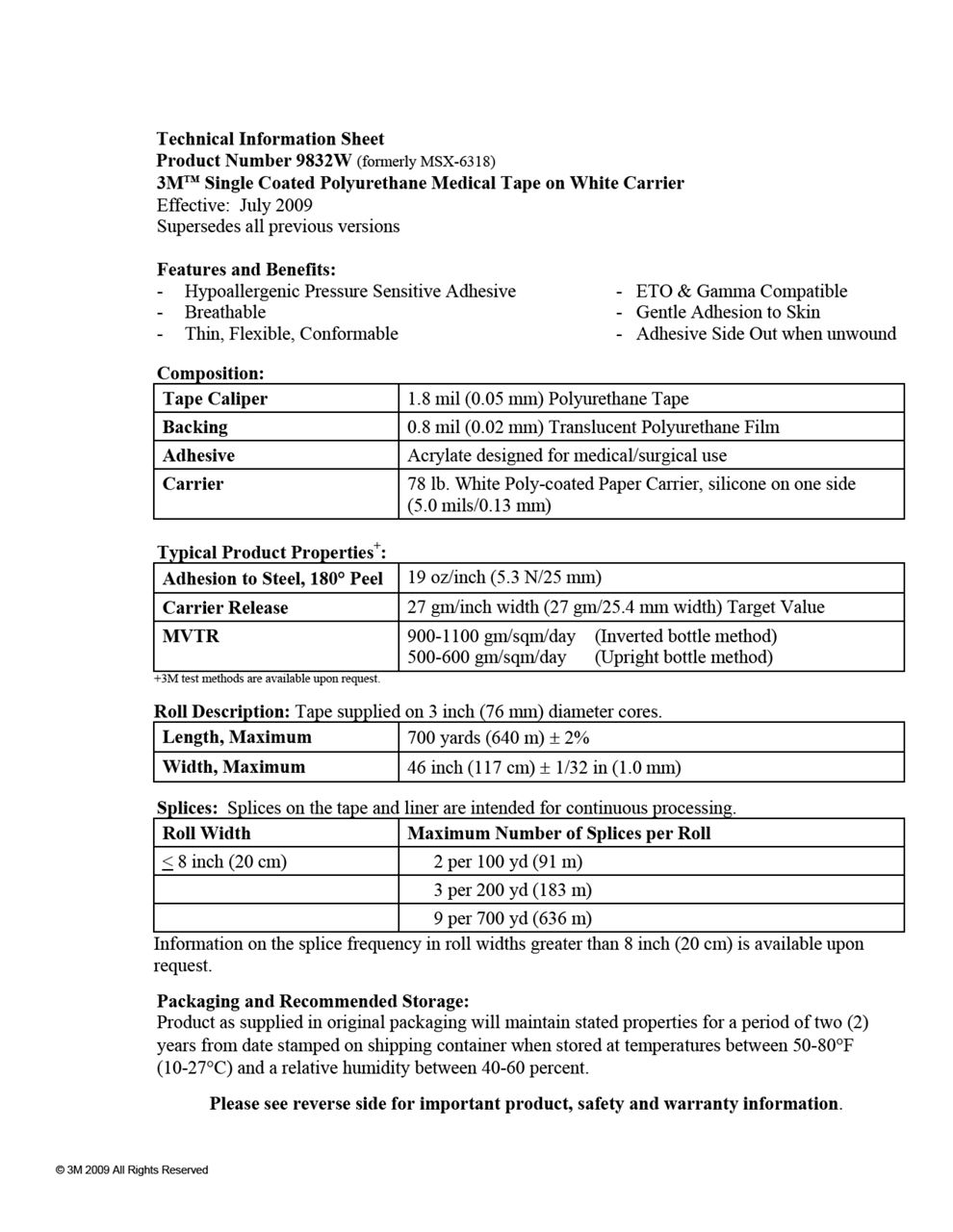 3M™ 9832W Polyurethane Tape on White Carrier Technical Information Sheet