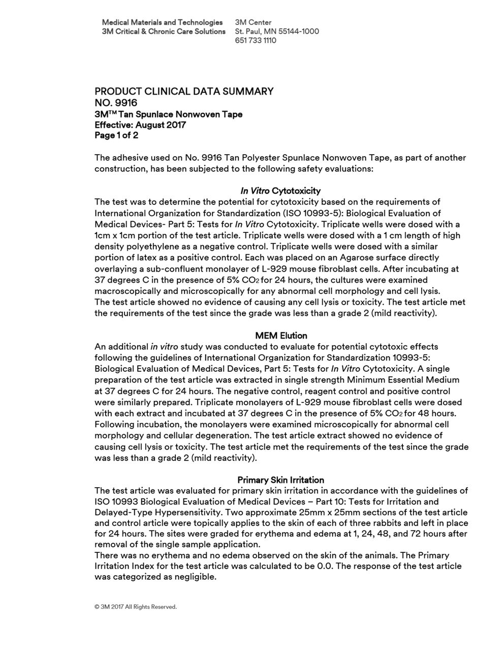 3M™ Tan Spunlace Nonwoven Tape 9916, Clinical Summary