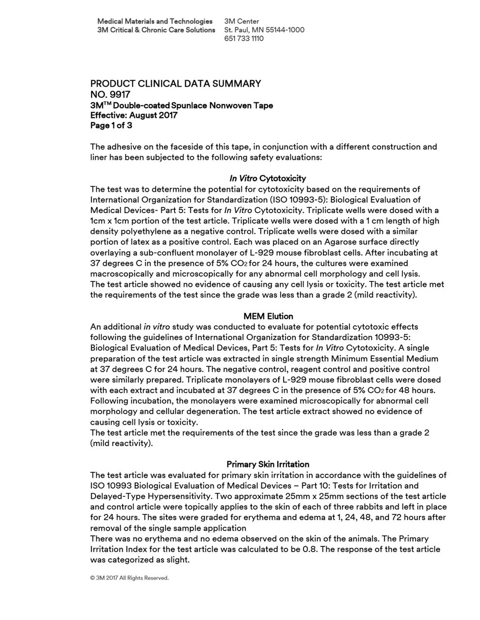 3M™ Double-coated Spunlace Nonwoven Tape 9917, Clinical Summary