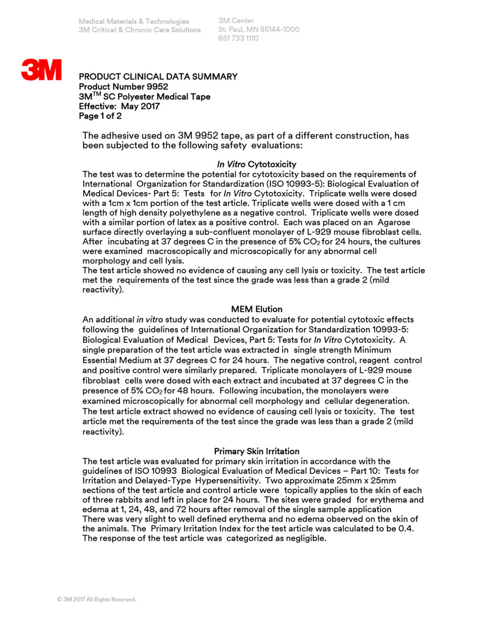 PRODUCT CLINICAL DATA SUMMARY