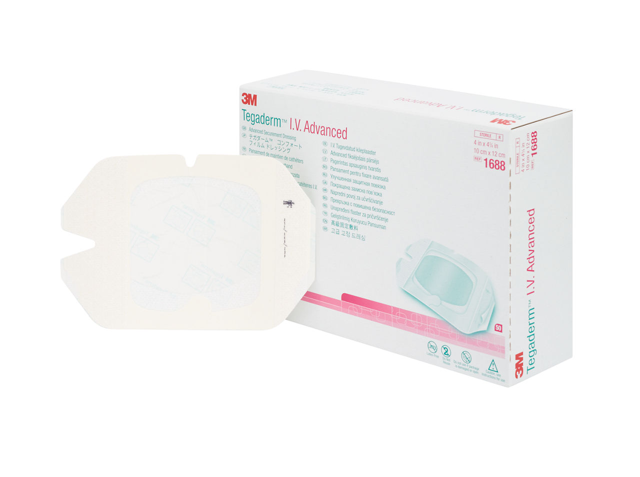 3M™ Tegaderm™ I.V. Advanced Securement Dressing, 1688, 4 in x 4-3/4 in, 10 cm x 12 cm, 50/ct 4ct/Case