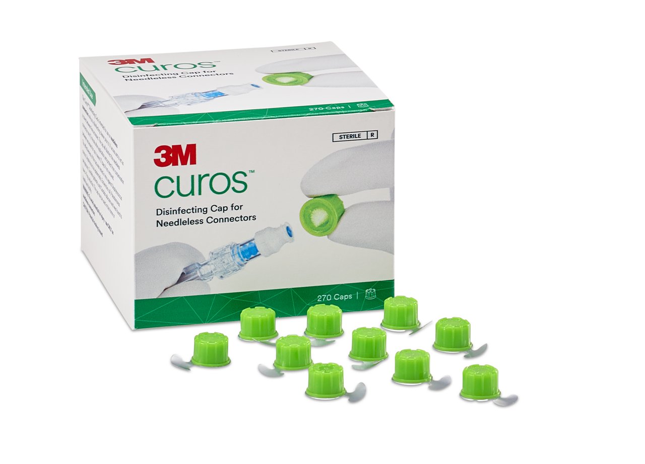 3M™ Curos™ Disinfecting Cap for Needleless Connectors CFF1-270, with caps and package displayed