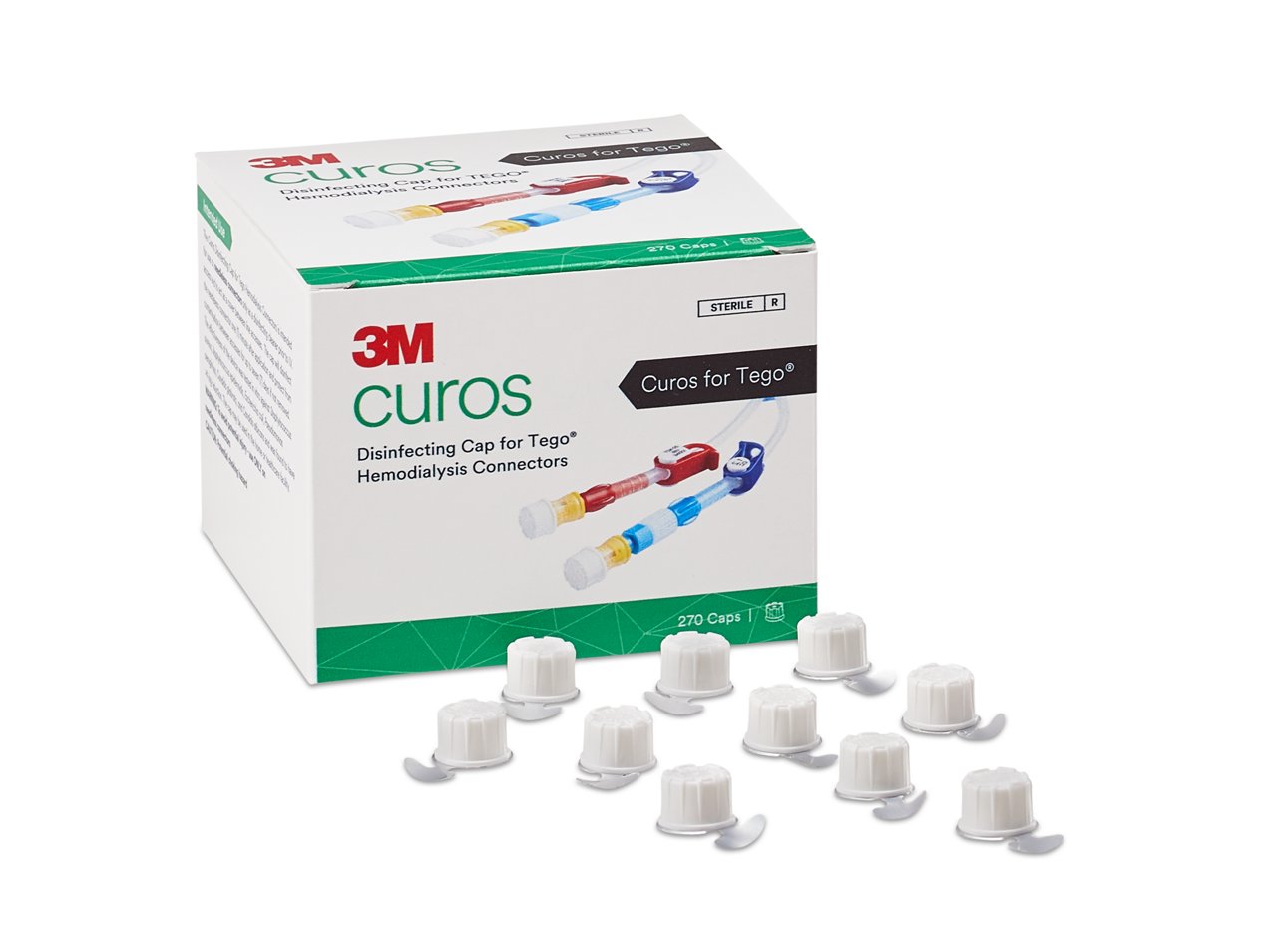 3M™ Curos™ Disinfecting Cap for Tego® Hemodialysis Connectors CTG1-270, with caps and packaging