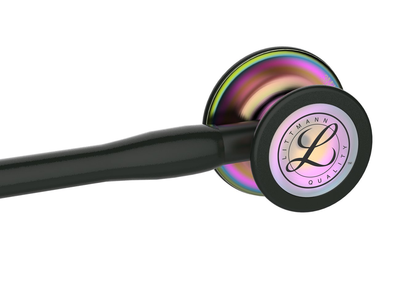 3M™ Littmann® Cardiology IV™ Stethoscope, Rainbow-Finish Chestpiece, Black Tube, Stem and Headset, 27 inch, 6165, angled view