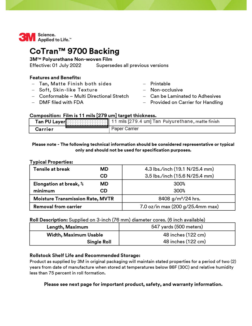 3M™ Melt-blown Polyurethane Nonwoven Backing Film 9700, Technical Information Sheet