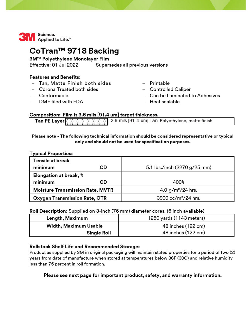 3M™ Pigmented Polyethylene Monolayer Backing Film 9718, Technical Information Sheet