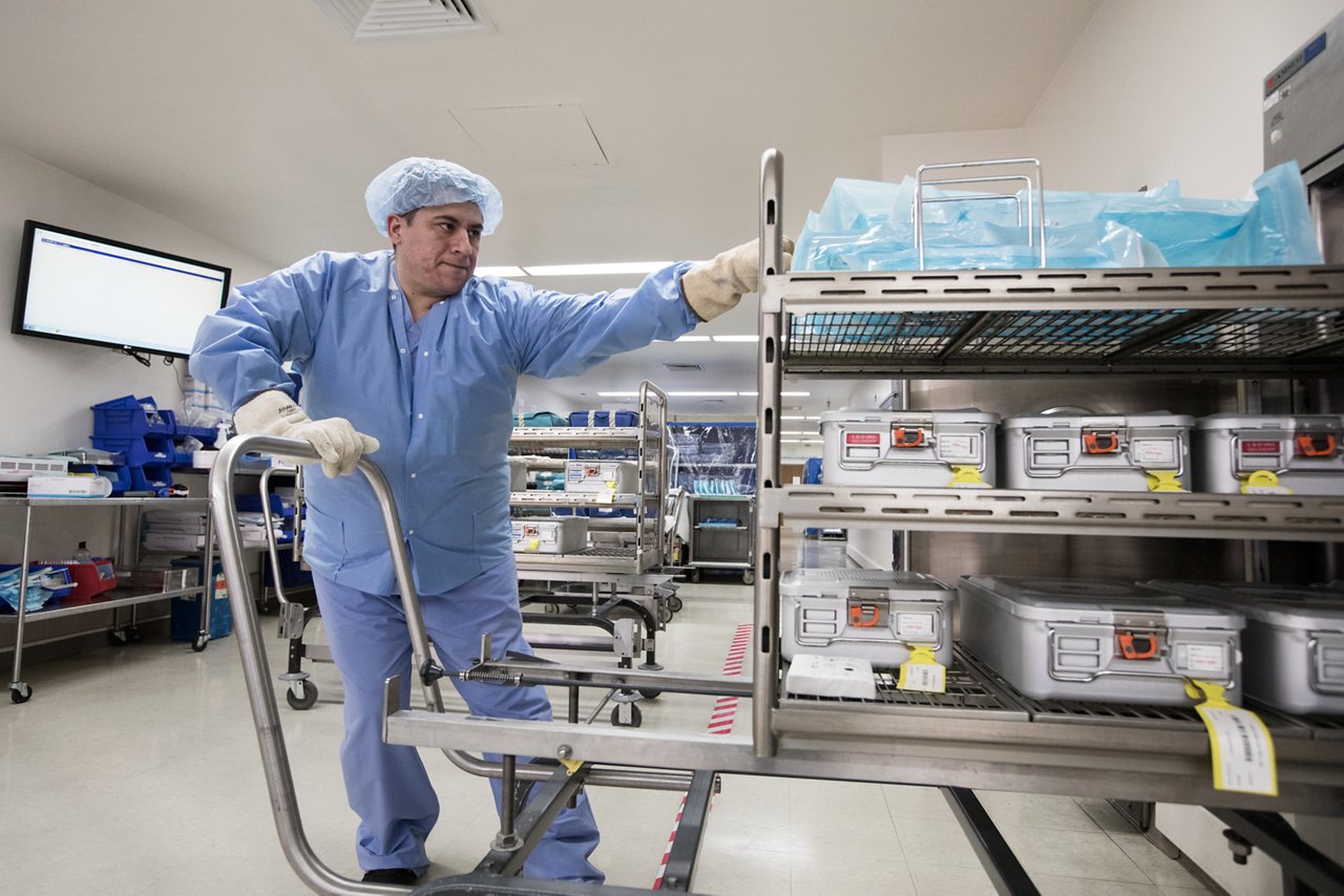 Cart of tools/instruments going into a sterilizer, tif photo