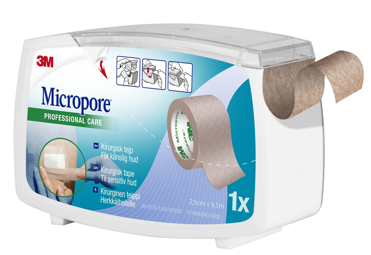 3M™ Micropore™ Kirurgisk tape, lys brun med dispenser, 2,5 cm x 9,1 m, apotekpakning 1533SP1D