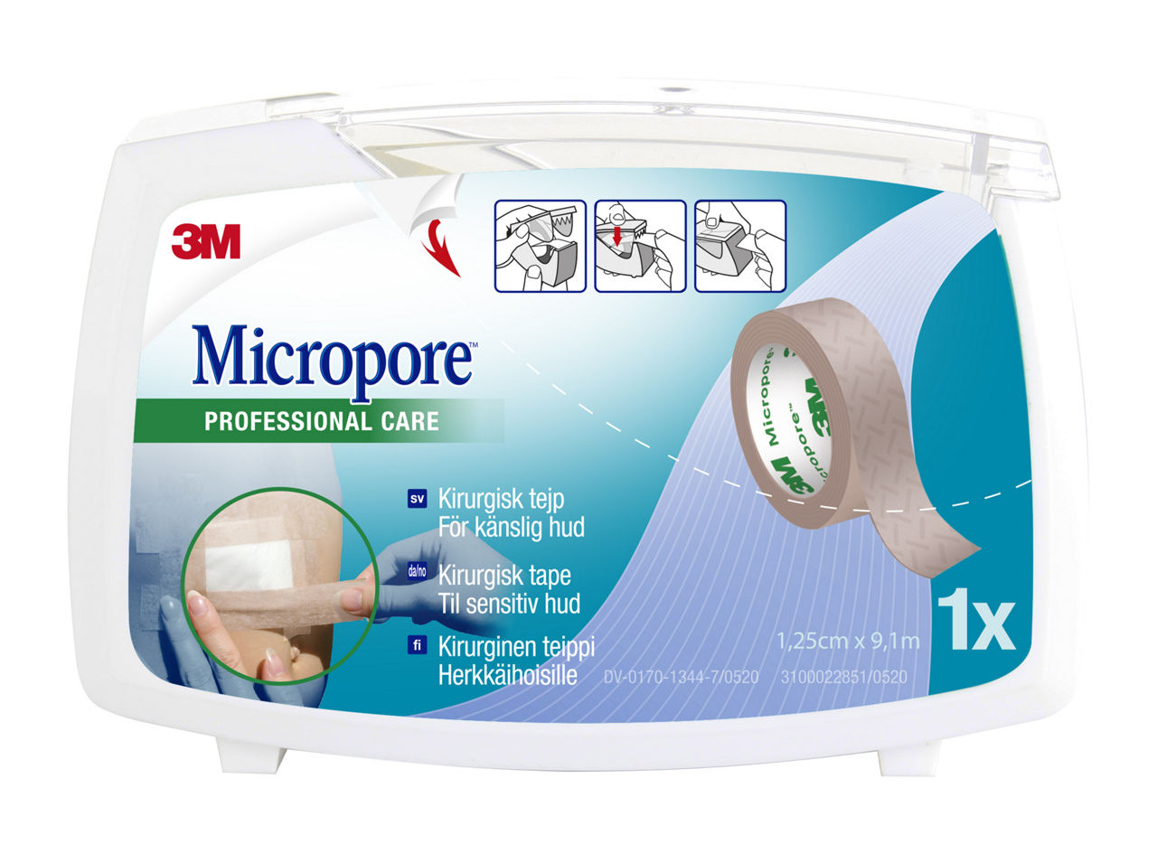 3M™ Micropore™ Kirurgisk tape, lys brun med dispenser, 1,25 cm x 9,1 m, apotekpakning 1533SP0D