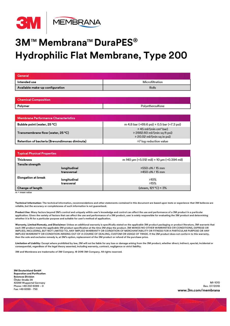 3M™ DuraPES™ Hydrophilic Flat Membrane, Type 200