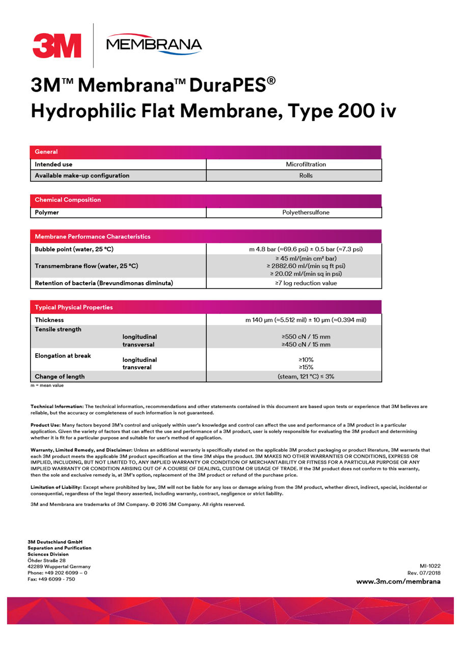 3M™ DuraPES™ Hydrophilic Flat Membrane, Type 200 iv