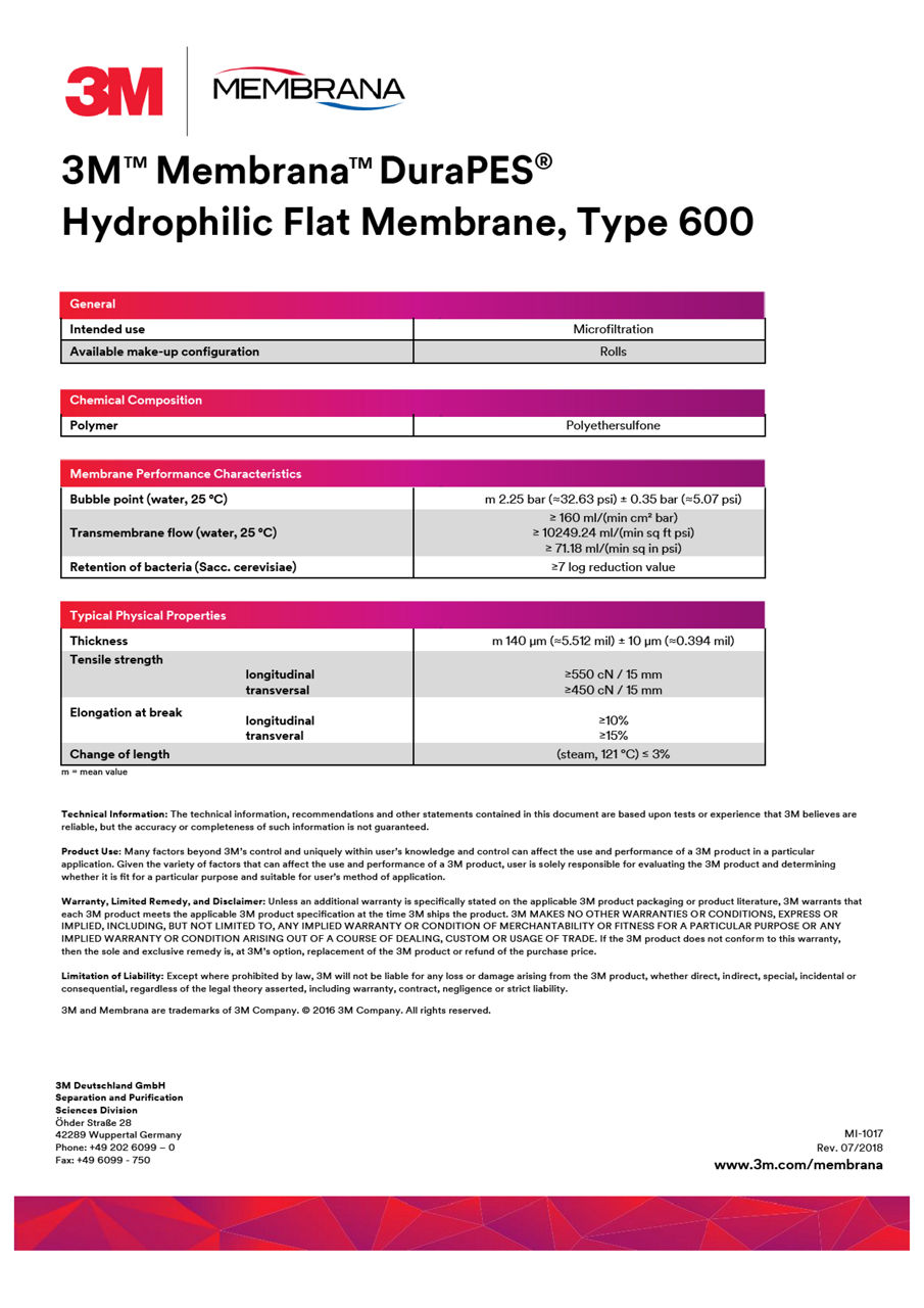 3M™ DuraPES™ Hydrophilic Flat Membrane, Type 600