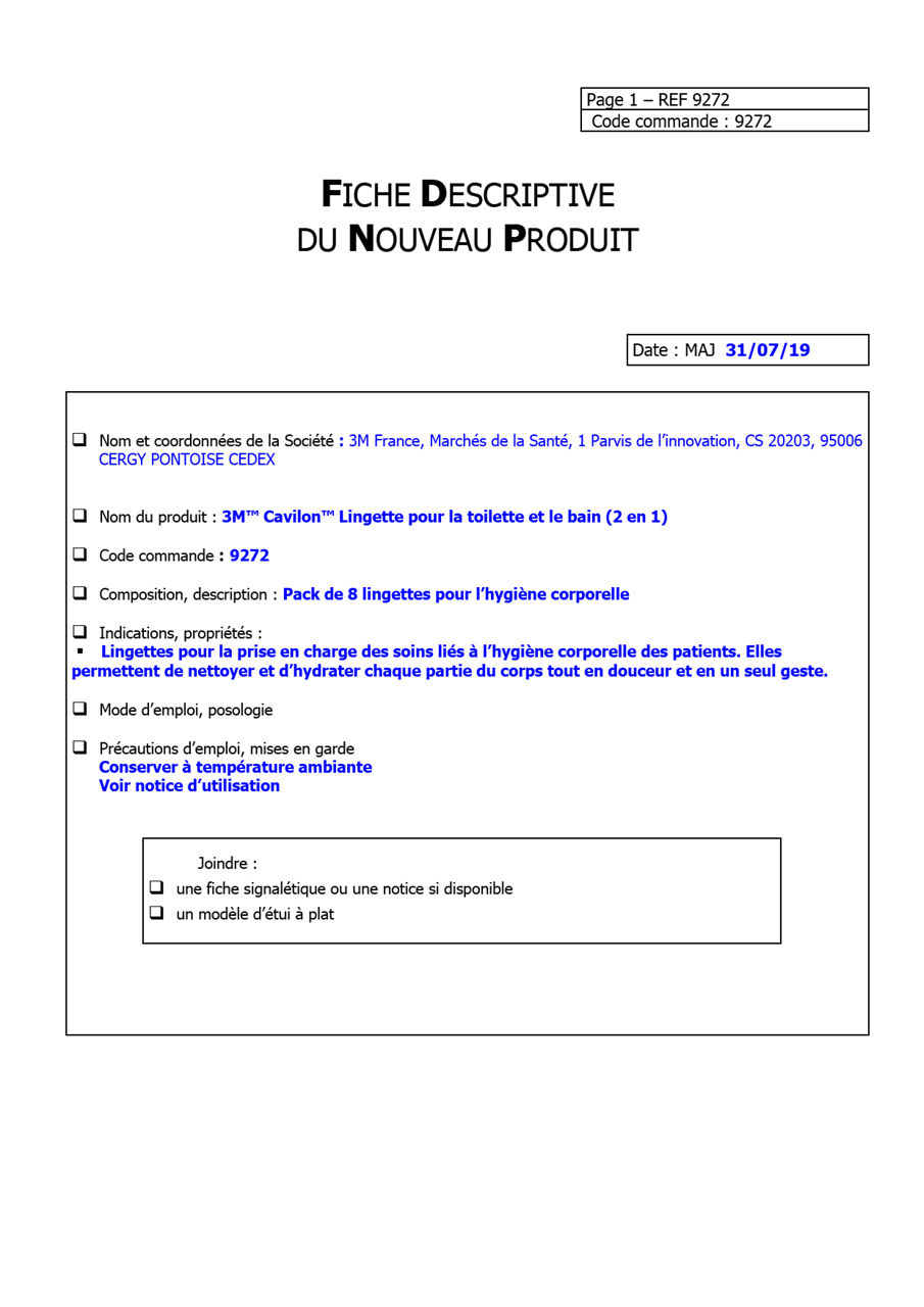 3M™ Cavilon™ Lingettes,9272, Fiche Logistique