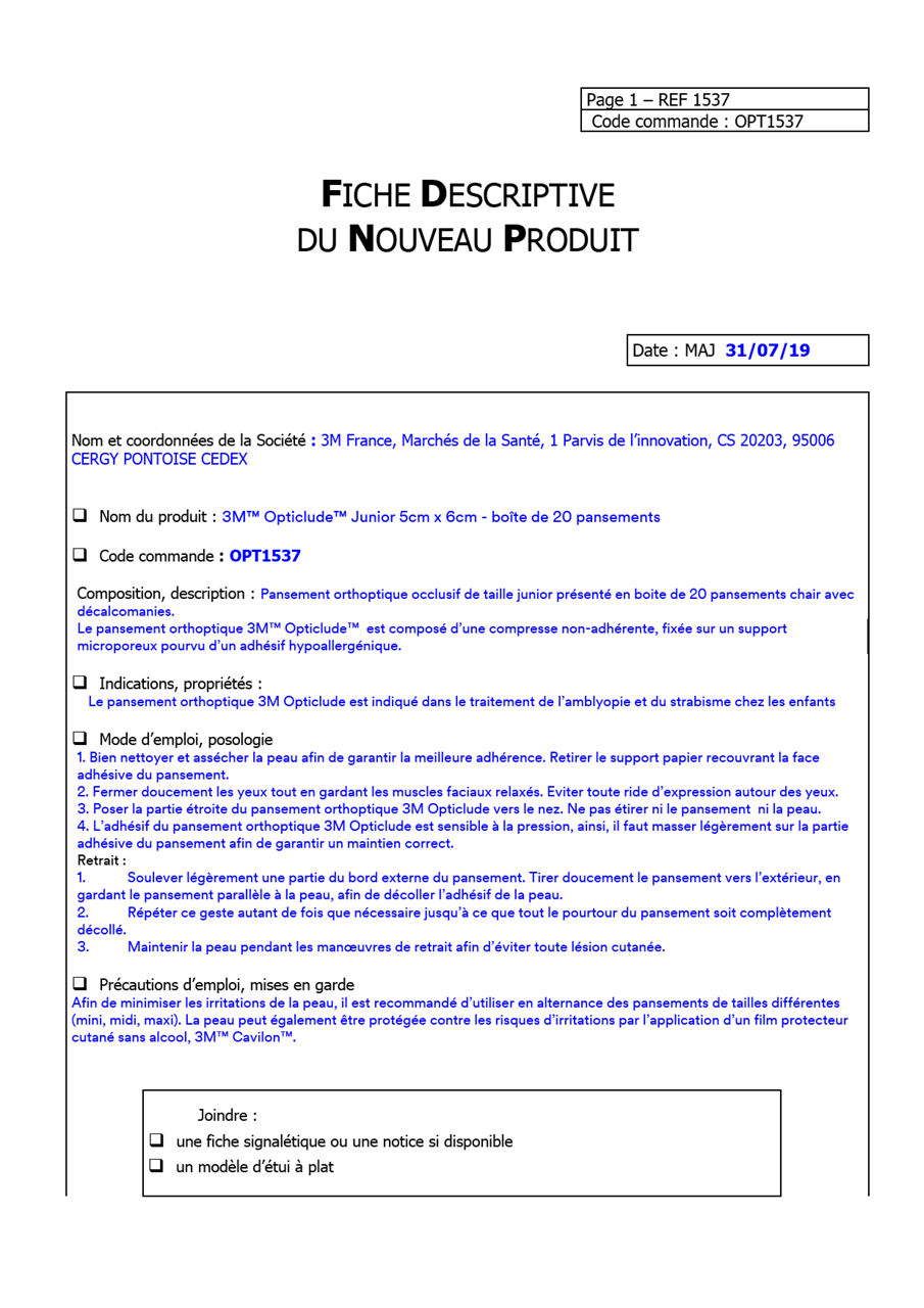 3M™ Opticlude™,Junior,1537, OPT1537, Fiche Logistique