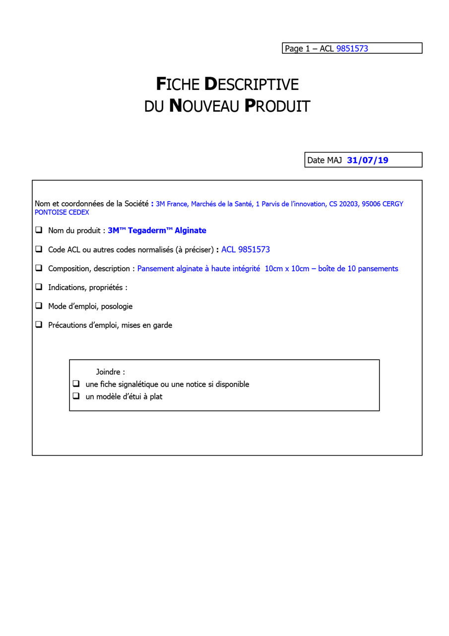 3M™ Tegaderm™ Alginate ,90112,9851573, Fiche Logistique
