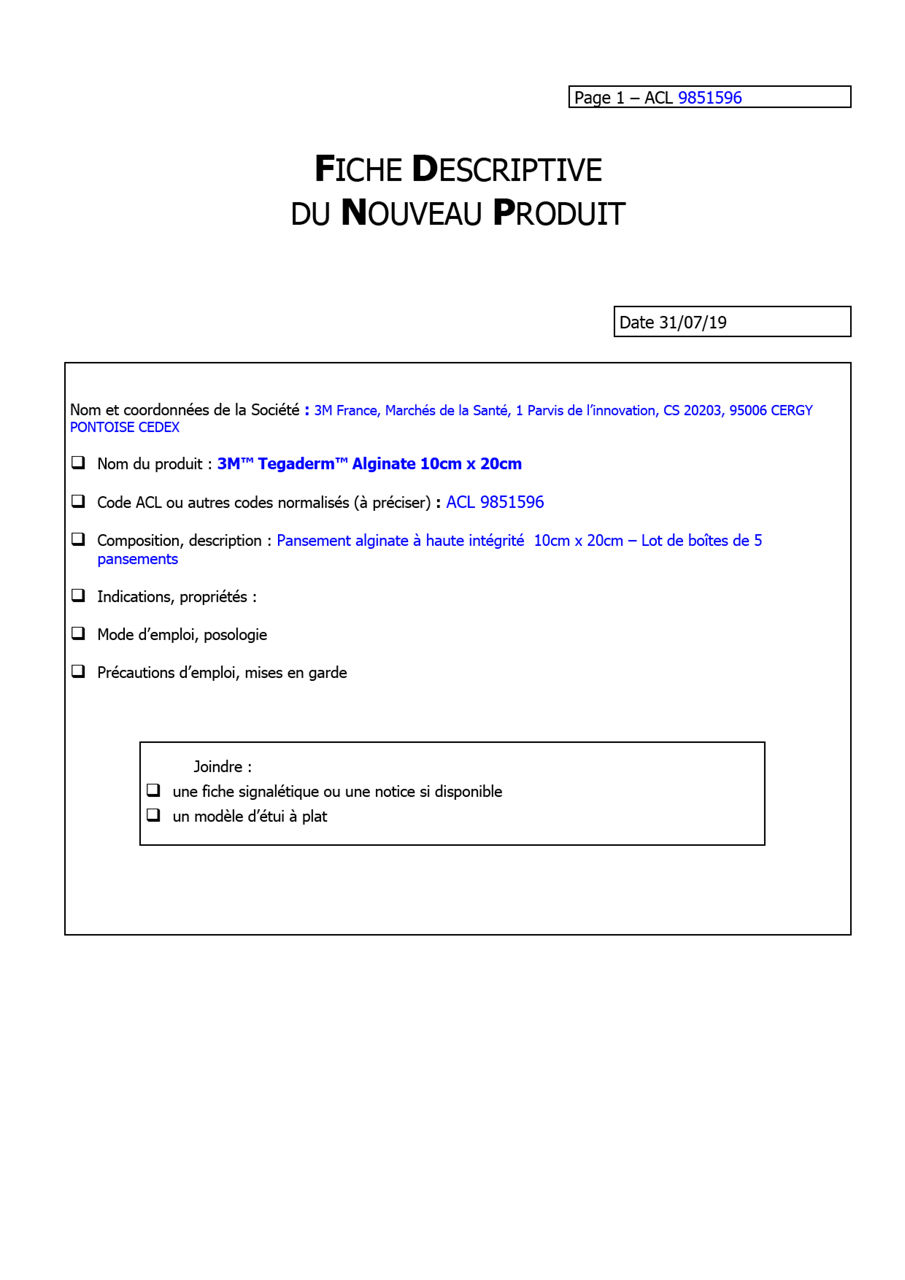 3M™ Tegaderm™ Alginate ,90114,TEG90114, Fiche Logistique