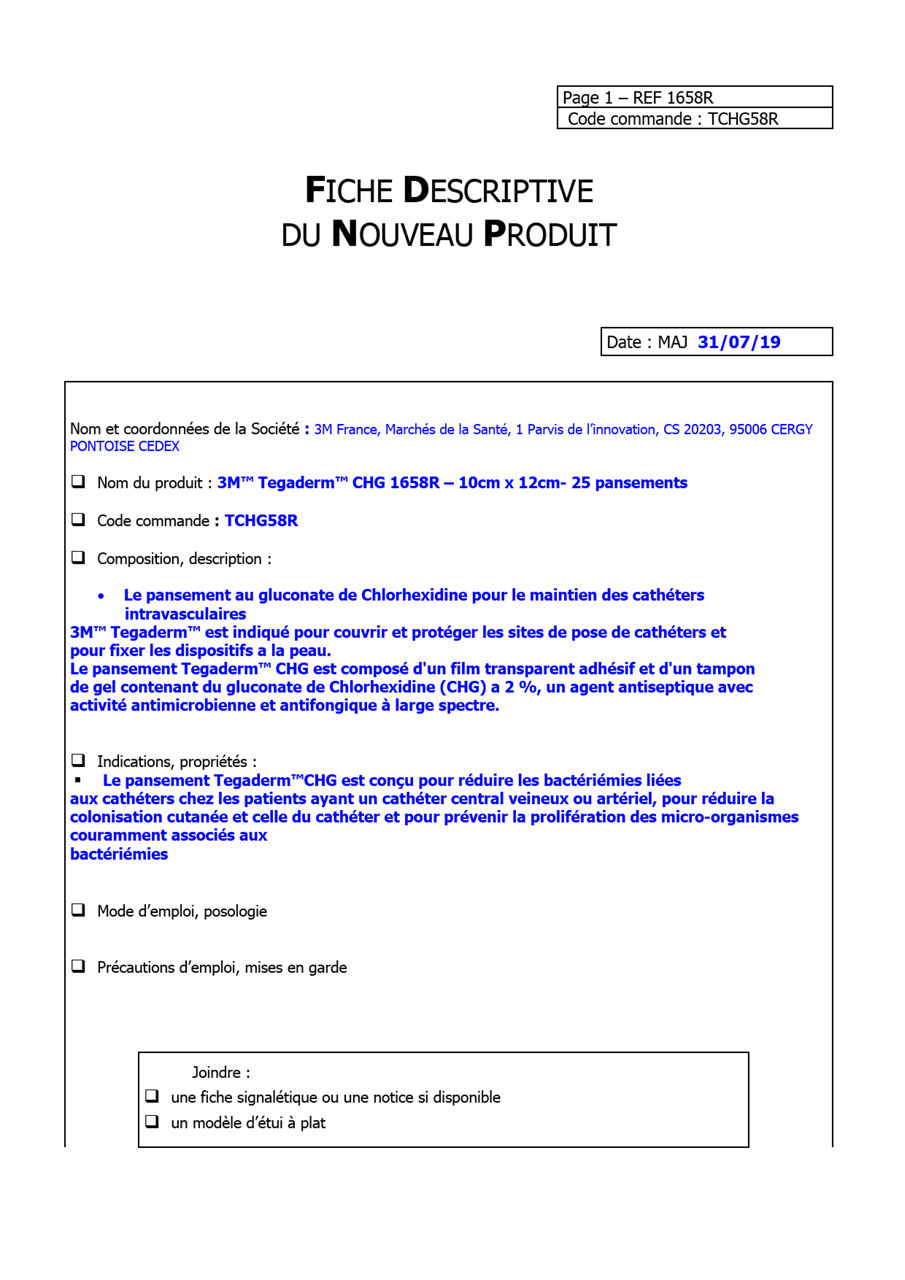 3M™ Tegaderm™ CHG, Fiche Logistique, 1658R, TCHG58R