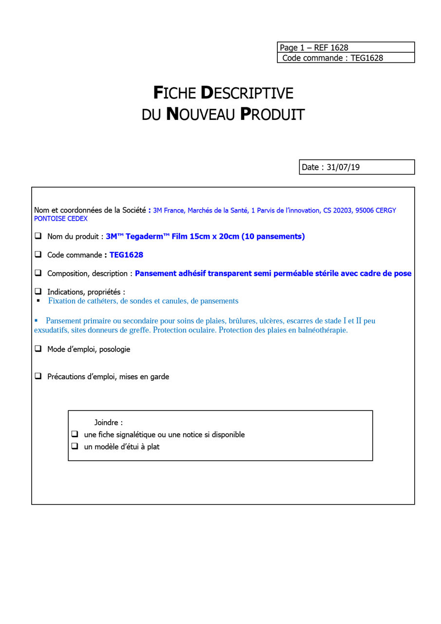 3M™ Tegaderm™, Fiche Logistique, TE1628, 1628