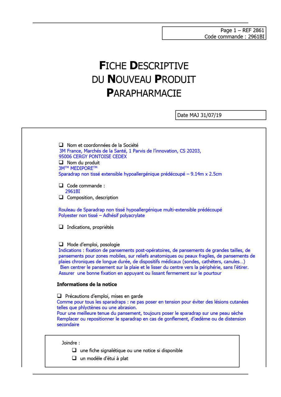3M™ Medipore ™  Fiche Logistique  - 2961BI - 2861