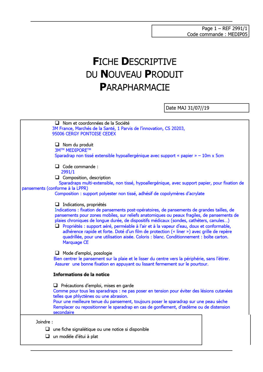 3M™ Medipore™ Fiche Logistique - MEDIP05 - 2991 1