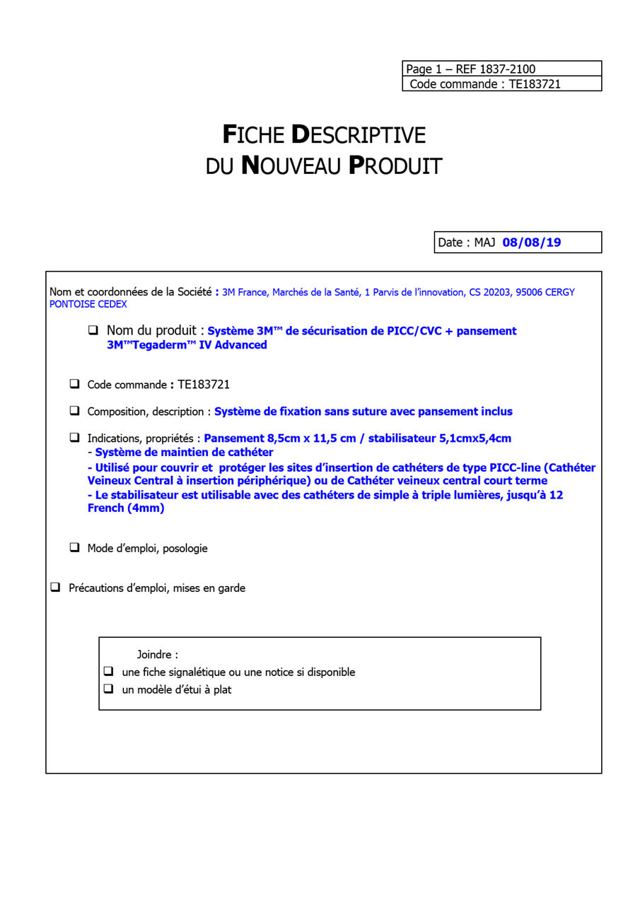 Système 3M™ PICC CVC+ 3M™ Tegaderm™ IV Advanced TE183721, 1837-2100