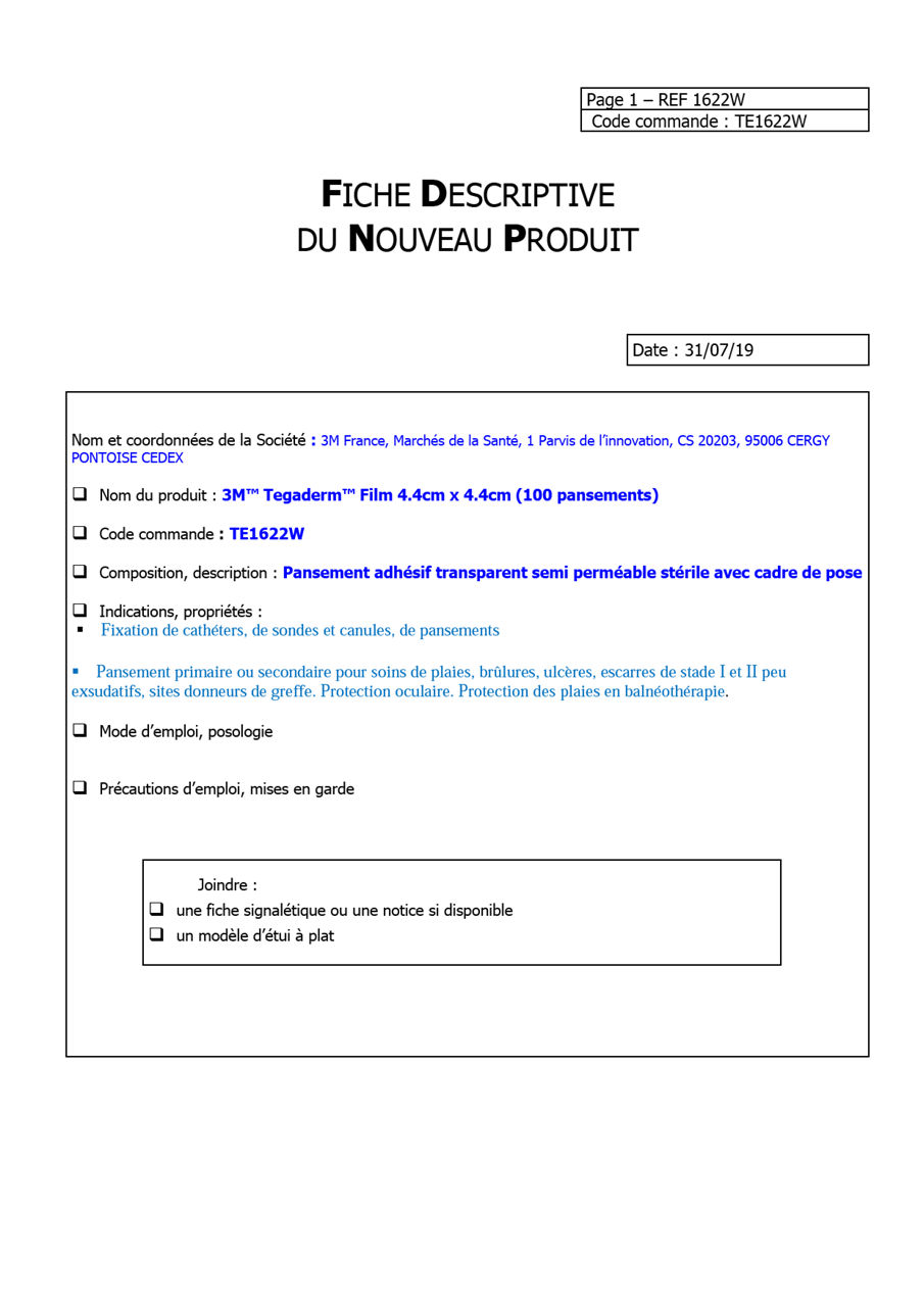 3M™ Tegaderm™, Fiche Logistique, TE1622W, 1622w