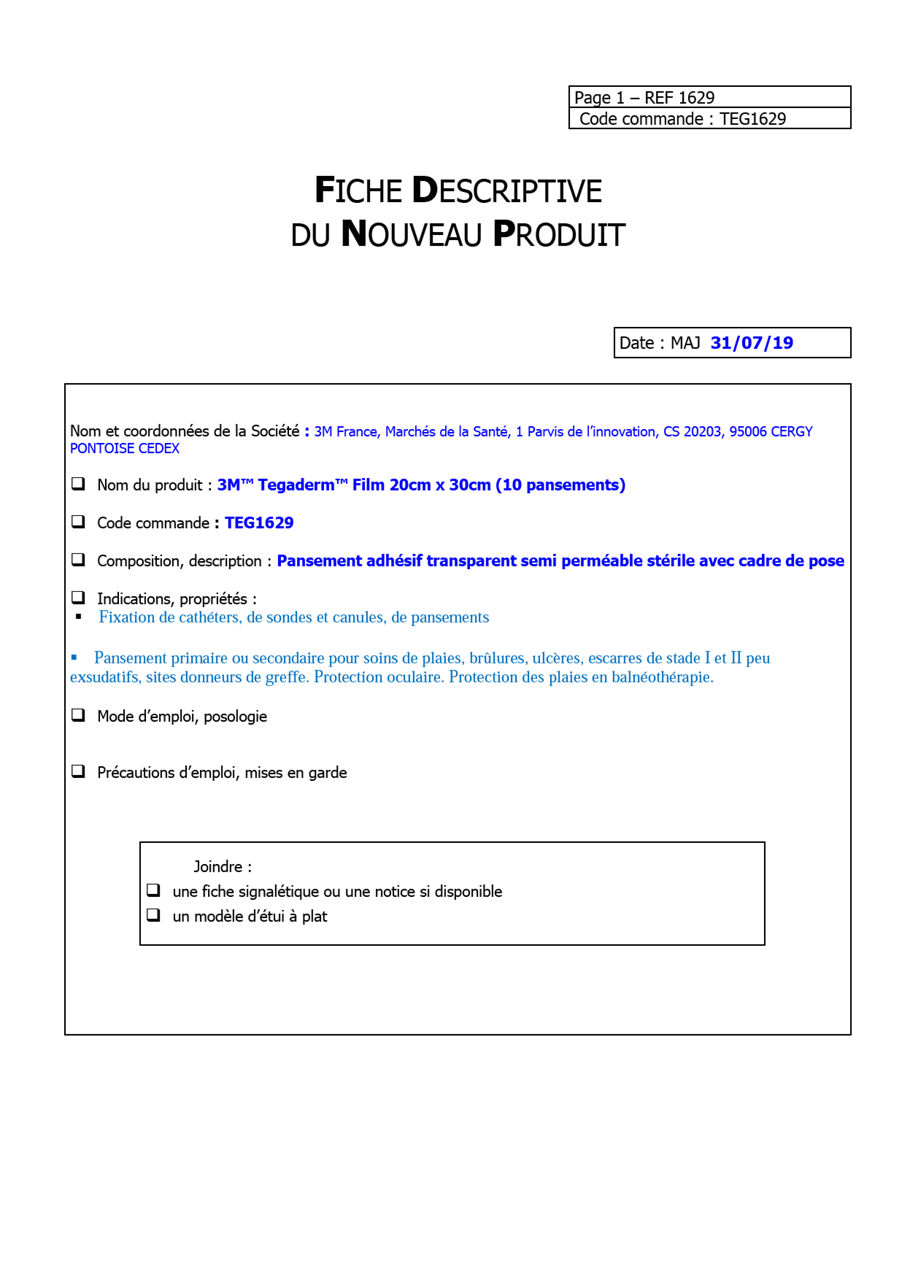 3M™ Tegaderm™, Fiche Logistique, TE1629, 1629