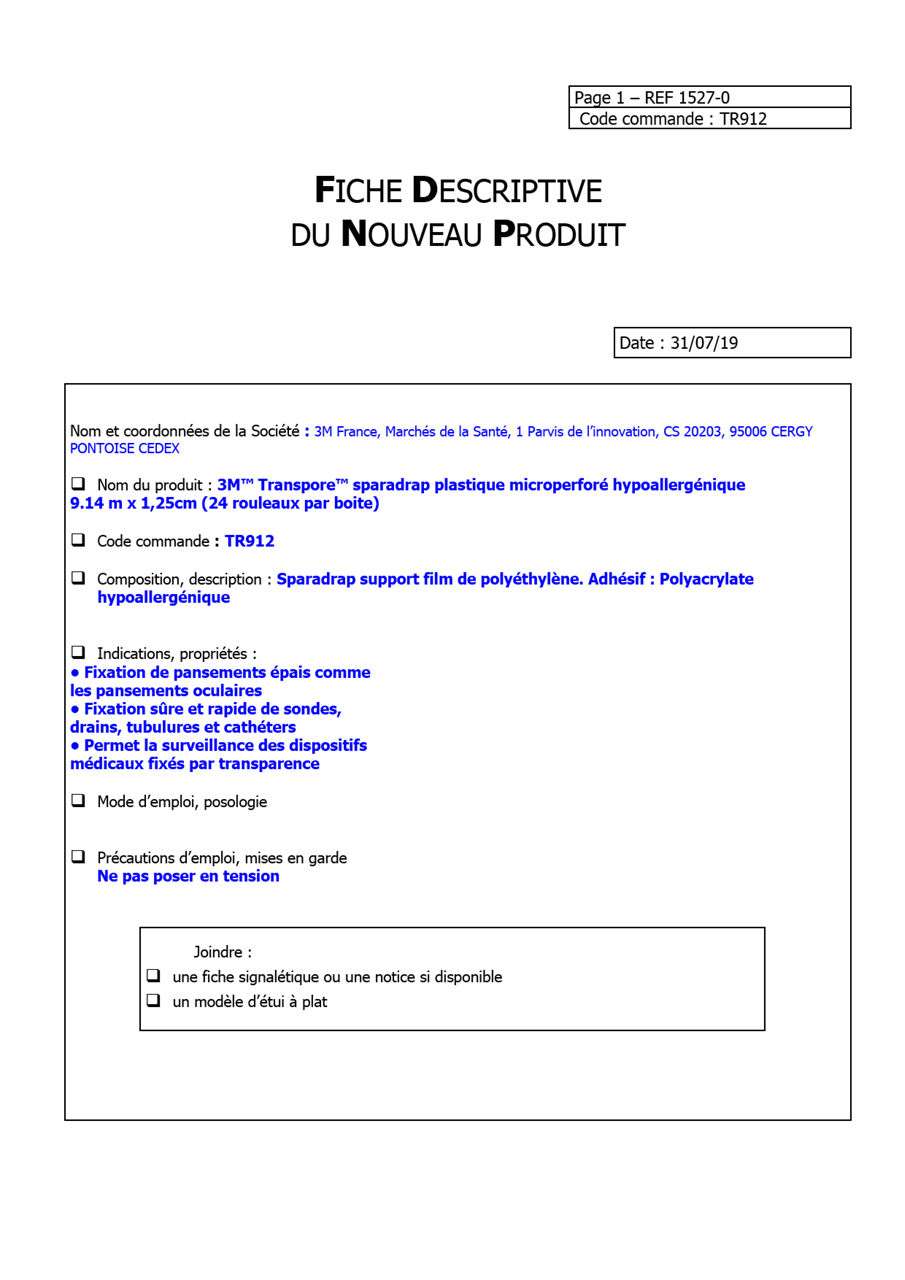3M™ Transpore™ Fiche Logistique - TR912 - 1527-0