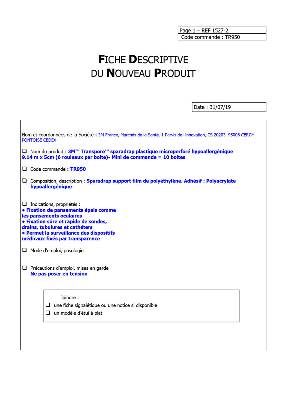 3M™ Transpore™ Fiche Logistique - TR950 - 1527-2