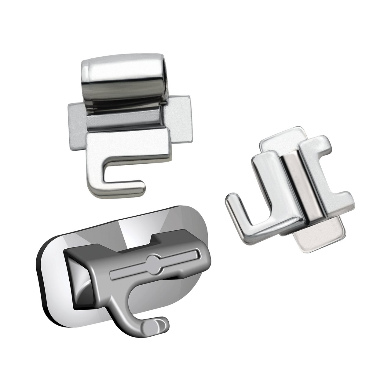 Een productfamilie‑afbeelding van drie Victory Series™ buccale tubes voor vaste orthodontische apparatuur van Solventum.