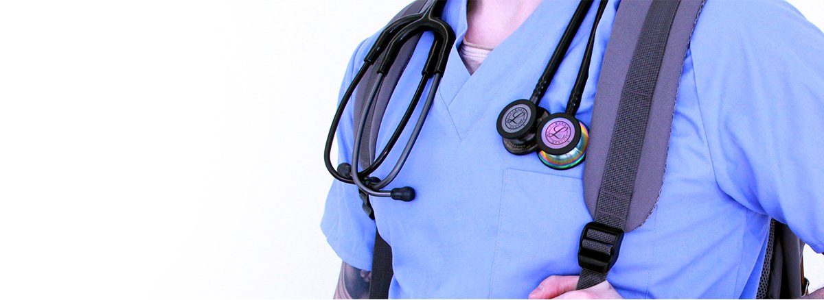 Student wearing backpack and stethoscope