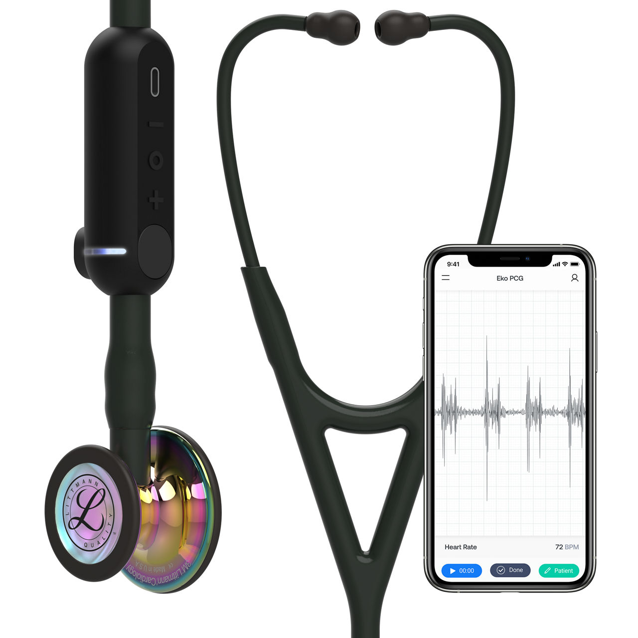 3M™ Littmann® CORE Digital Stethoscope, 8570, High Polish Rainbow-finish Chestpiece, Black Tube