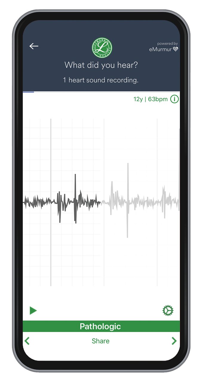 Littmann University App task screen audio mockup on mobile phone device, powered by eMurmur