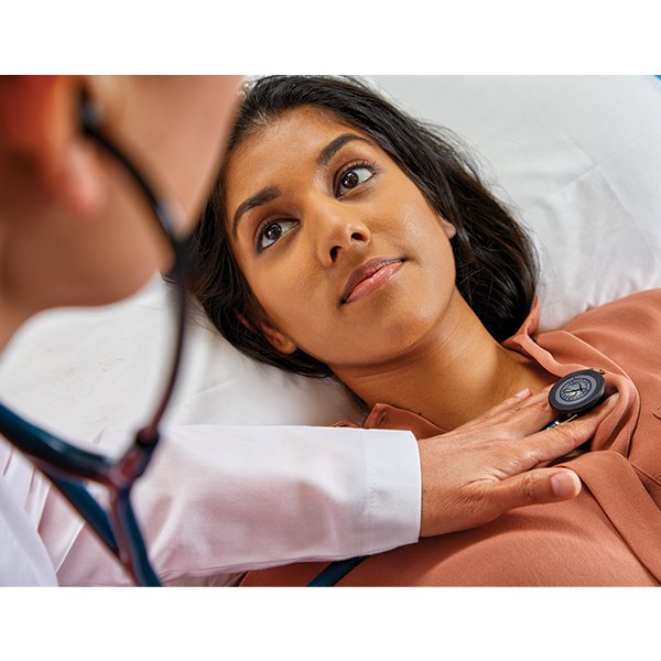 Introductory content image 3M™ Littmann® Cardiology IV Amazon A+ with lifestyle image of clinician and patient, 300x300 px