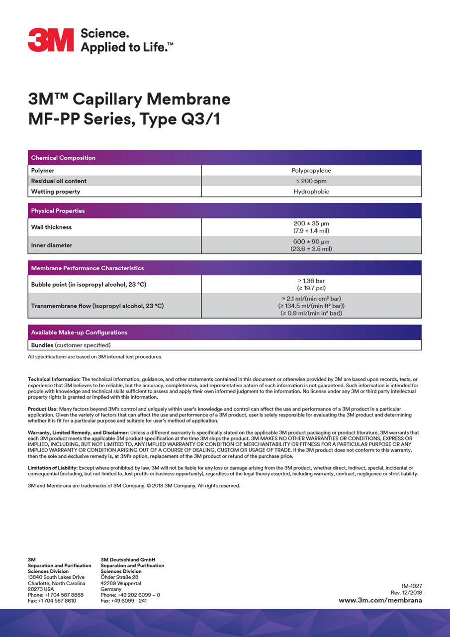 3M™ Capillary Membrane MF-PP Q3/1 Series, Data Sheet