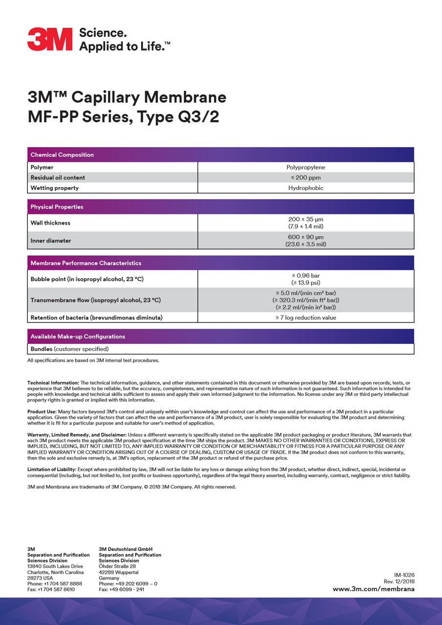 3M™ Capillary Membrane MF-PP Q3/2 Series, Data Sheet