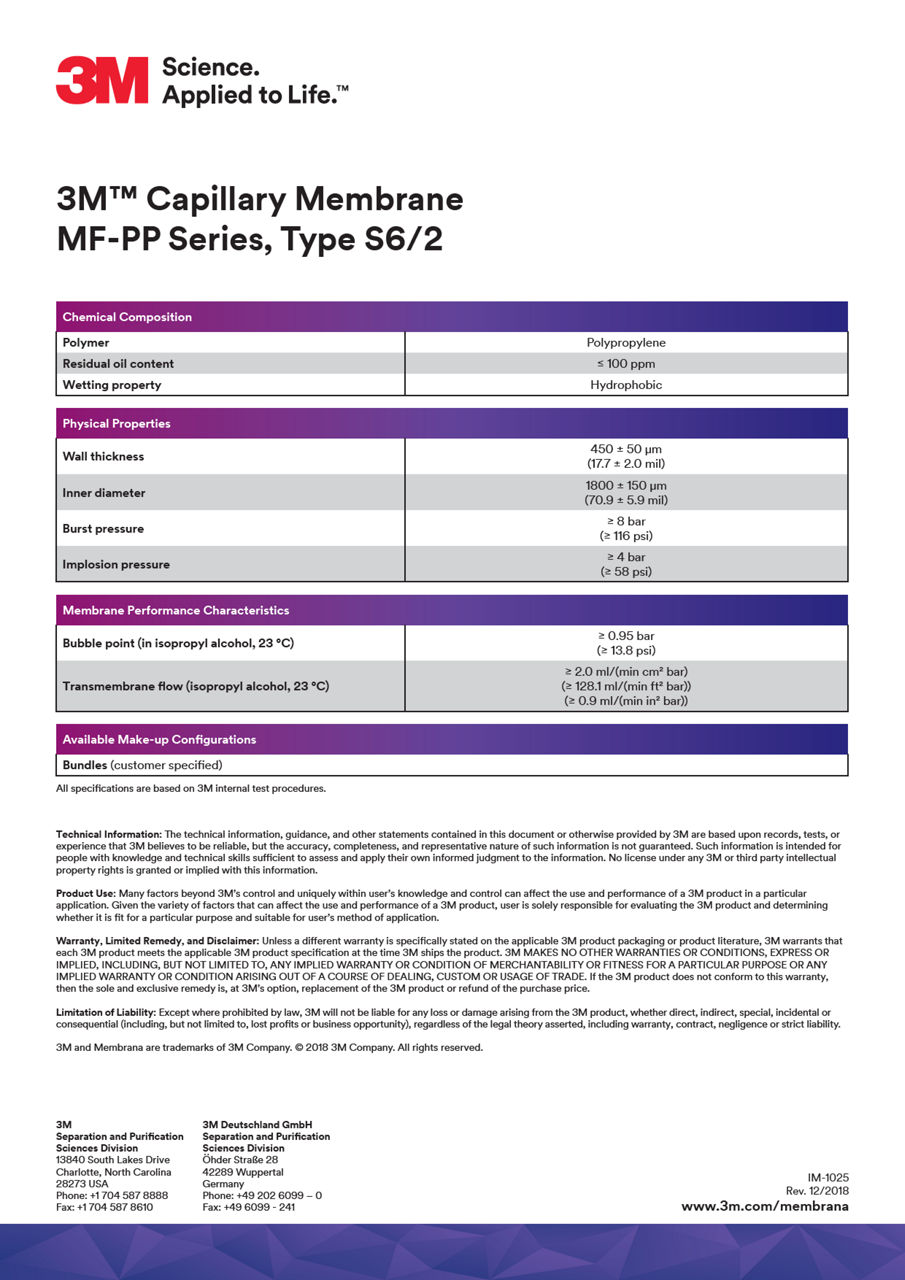 3M™ Capillary Membrane MF-PP S6/2 Series, Data Sheet