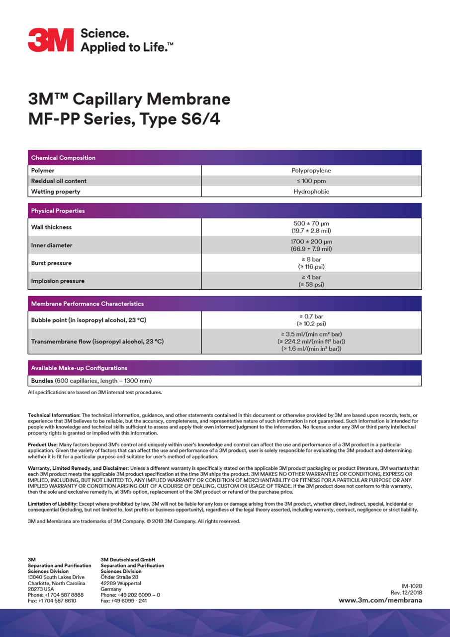 3M™ Capillary Membrane MF-PP S6/4 Series, Data Sheet