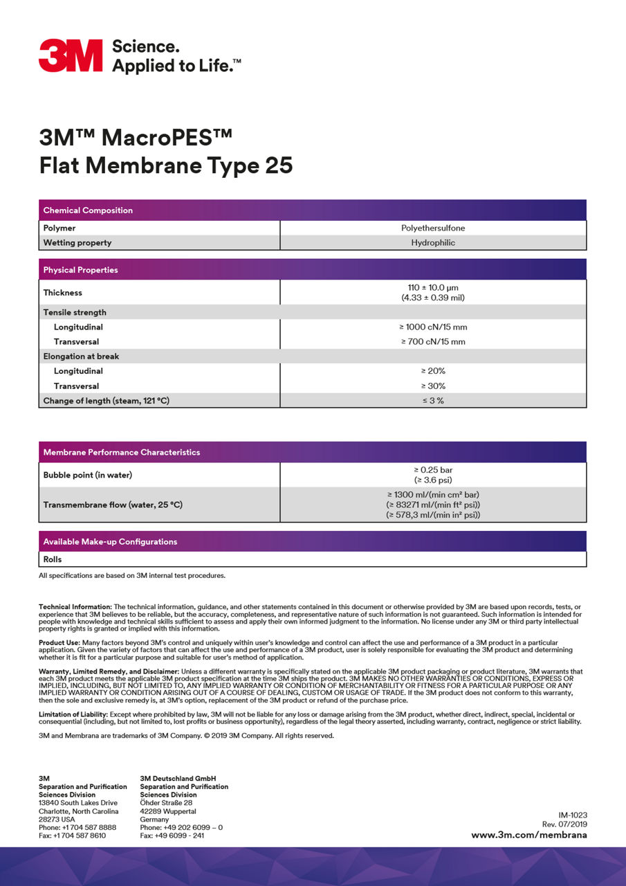 3M™ MacroPES™ 25 Series Flat Sheet Membrane, Data Sheet