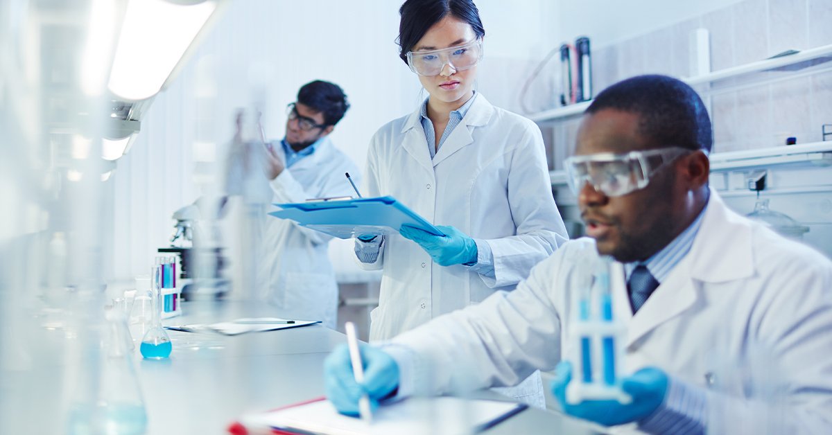 MedTech Find My Adhesive banner ad featuring clinical lab, fluid motion, 1200x628