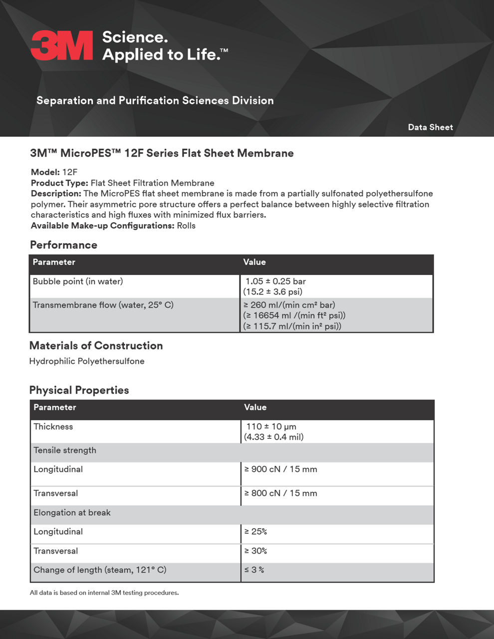 3M™ MicroPES™ 12F Series Flat Sheet Membrane, Data Sheet