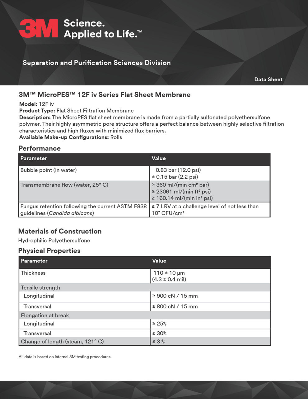 3M™ MicroPES™ 12F iV Series Flat Sheet Membrane, Data Sheet