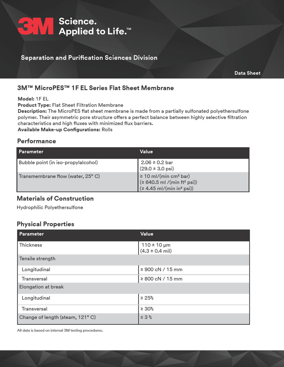 3M™ MicroPES™ 1F EL Series Flat Sheet Membrane, Data Sheet