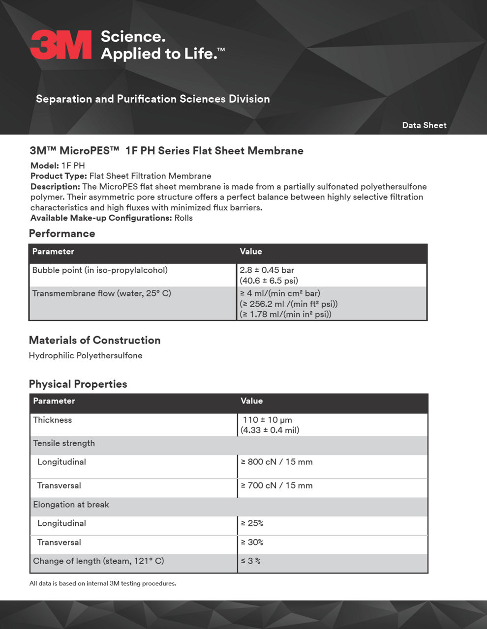 3M™ MicroPES™ 1F PH Series Flat Sheet Membrane, Data Sheet