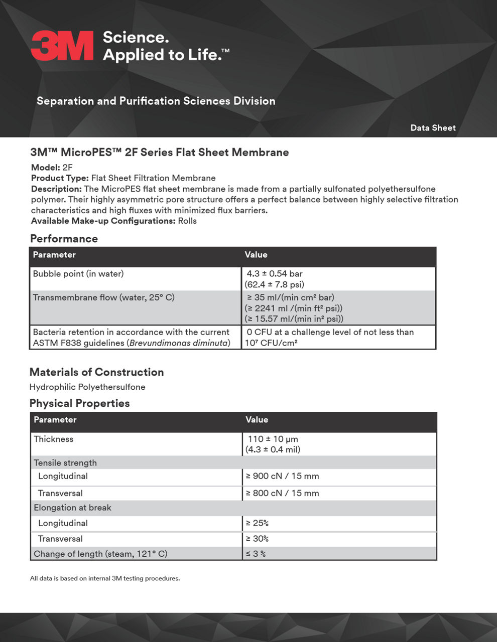 3M™ MicroPES™ 2F Series Flat Sheet Membrane, Data Sheet