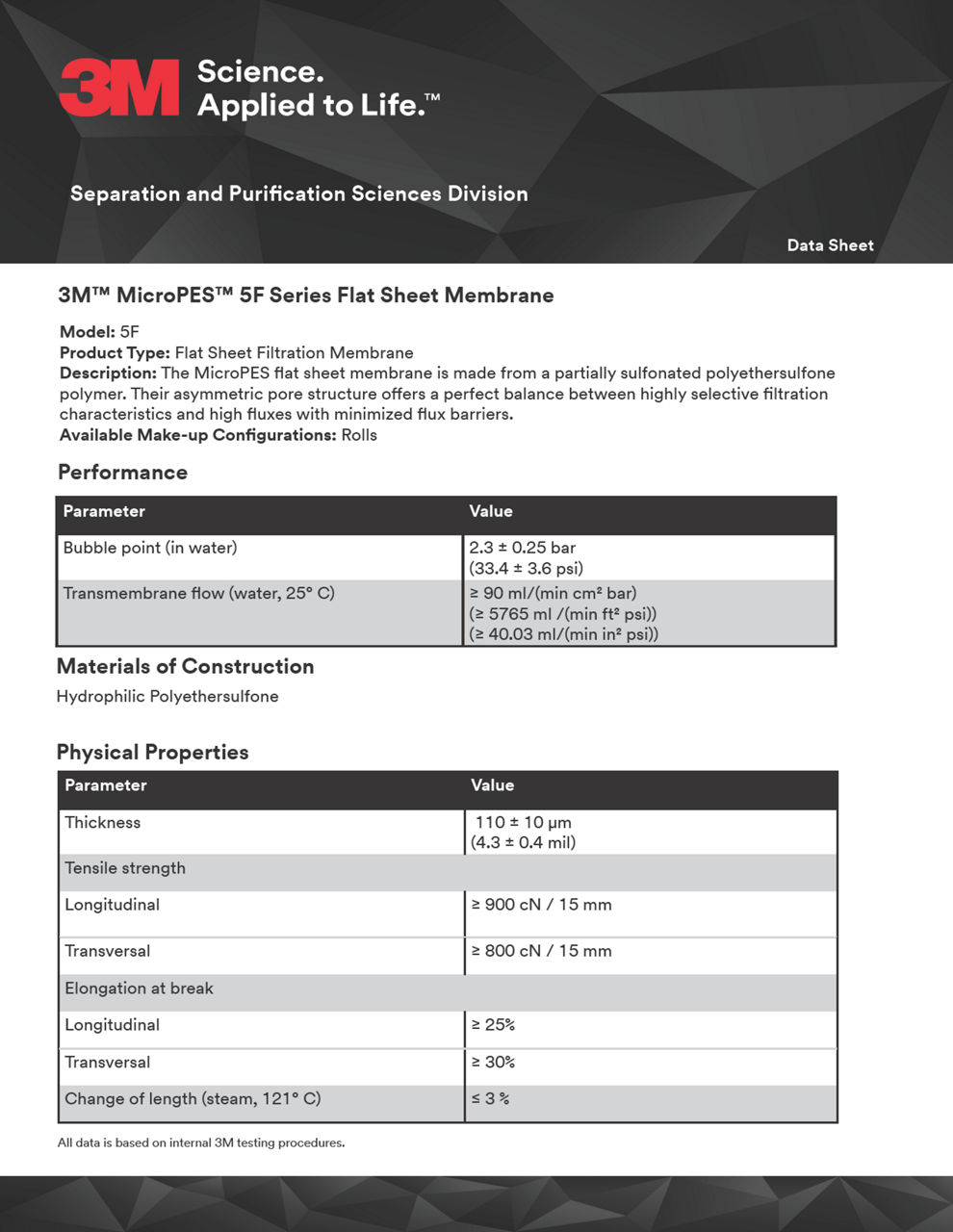 3M™ MicroPES™ 5F Series Flat Sheet Membrane, Data Sheet